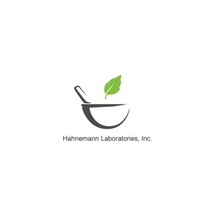 Logo of hahnemann laboratories, featuring a mortar and pestle with a green leaf, in a minimalist gray design.