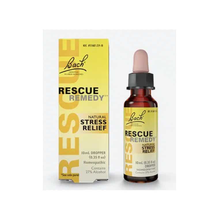 Bach rescue remedy stress relief dropper bottle next to its yellow packaging. the label states it is a natural, homeopathic product containing 27% alcohol.