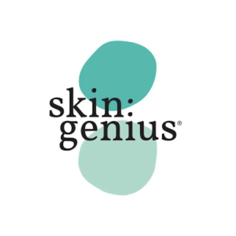 Logo of skin genius featuring the text "skin.genius" in black, with two overlapping light teal circles on the left side.