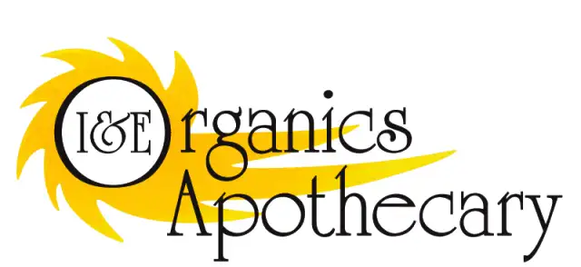 Logo of h&e organics apothecary with a stylized sun design